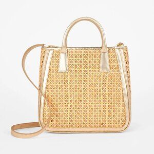 Talbots Rattan Cane Weave Satchel Gold Metallic Trim Tote Crossbody Bag